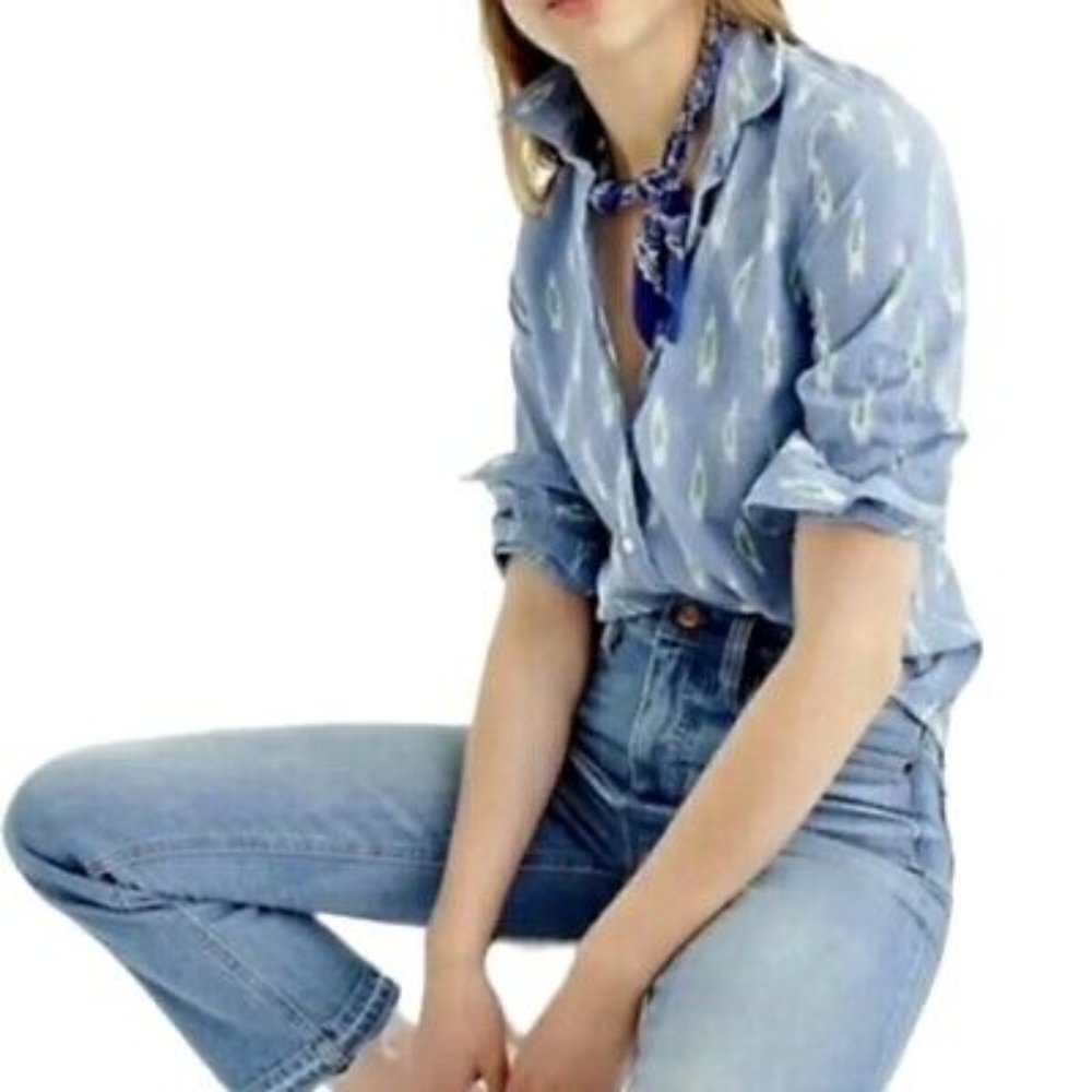 J. Crew Blue Ikat Print Tie Knot Waist Button Up Shirt Sz XXS Like NEW!